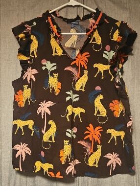 Democracy Brown Top with Blue and Yellow Print